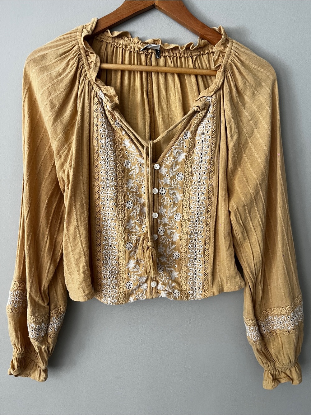 American Eagle Outfitters Mustard Embroidered Peasant Blouse